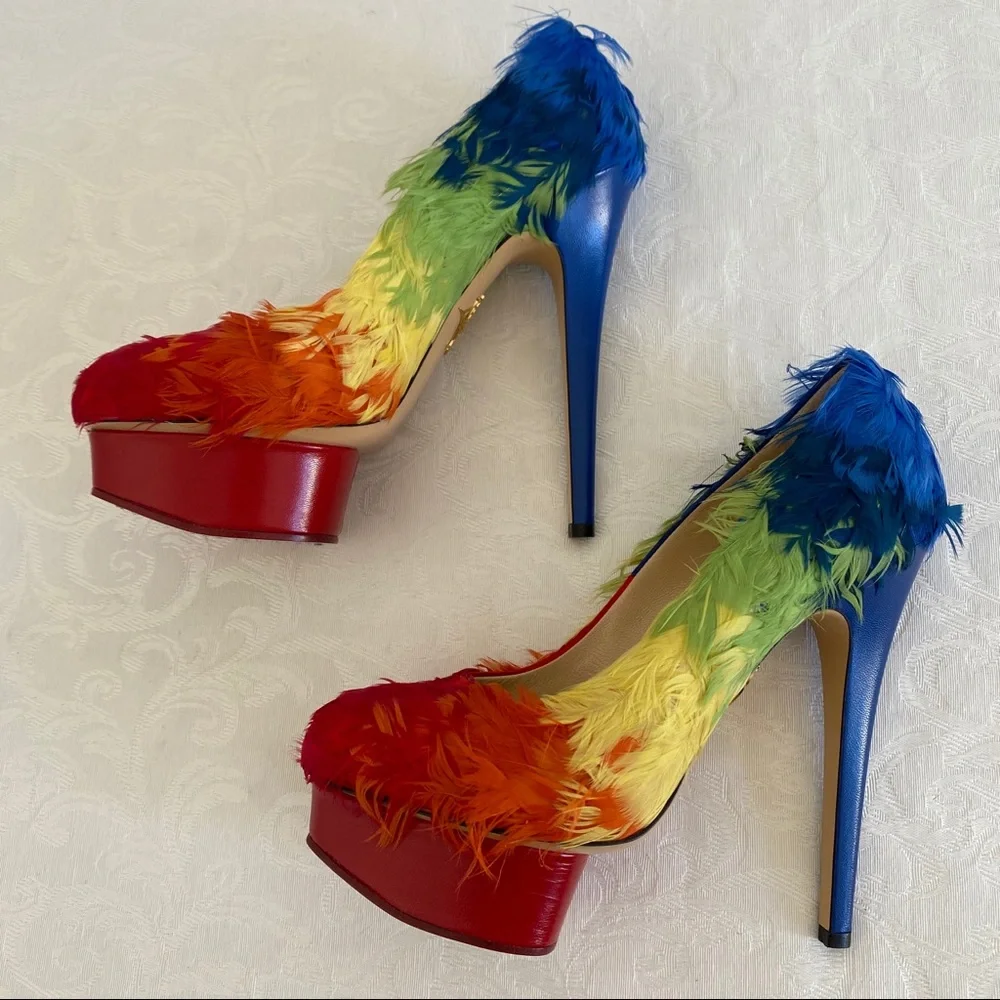 Charlotte Olympia Dolly Rainbow Feathered Pump